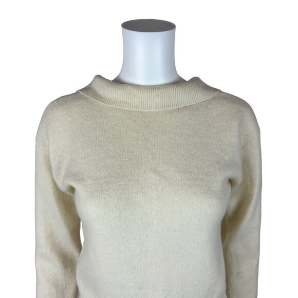 Vintage 80s Wool Sweater Women's Small Cream Collared Back Lambswool Angora Pull - Picture 4 of 9
